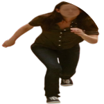 bella running through fountain